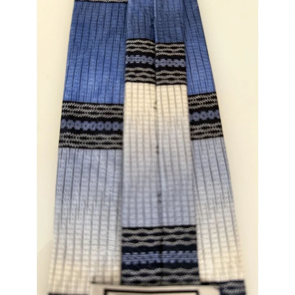 Steven Land 100% Silk Neck Tie Blue Gray‎ Black Striped Wide Handcrafted Korea